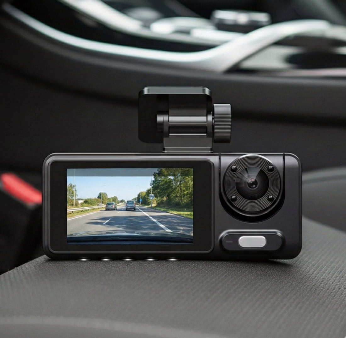 RoadVision dash cam showing live road footage on its LCD screen