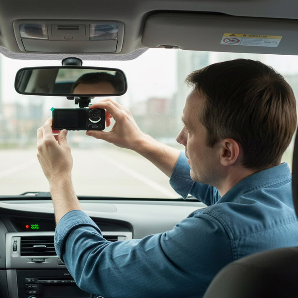 Driver behind the wheel with RoadVision mounted on the windshield